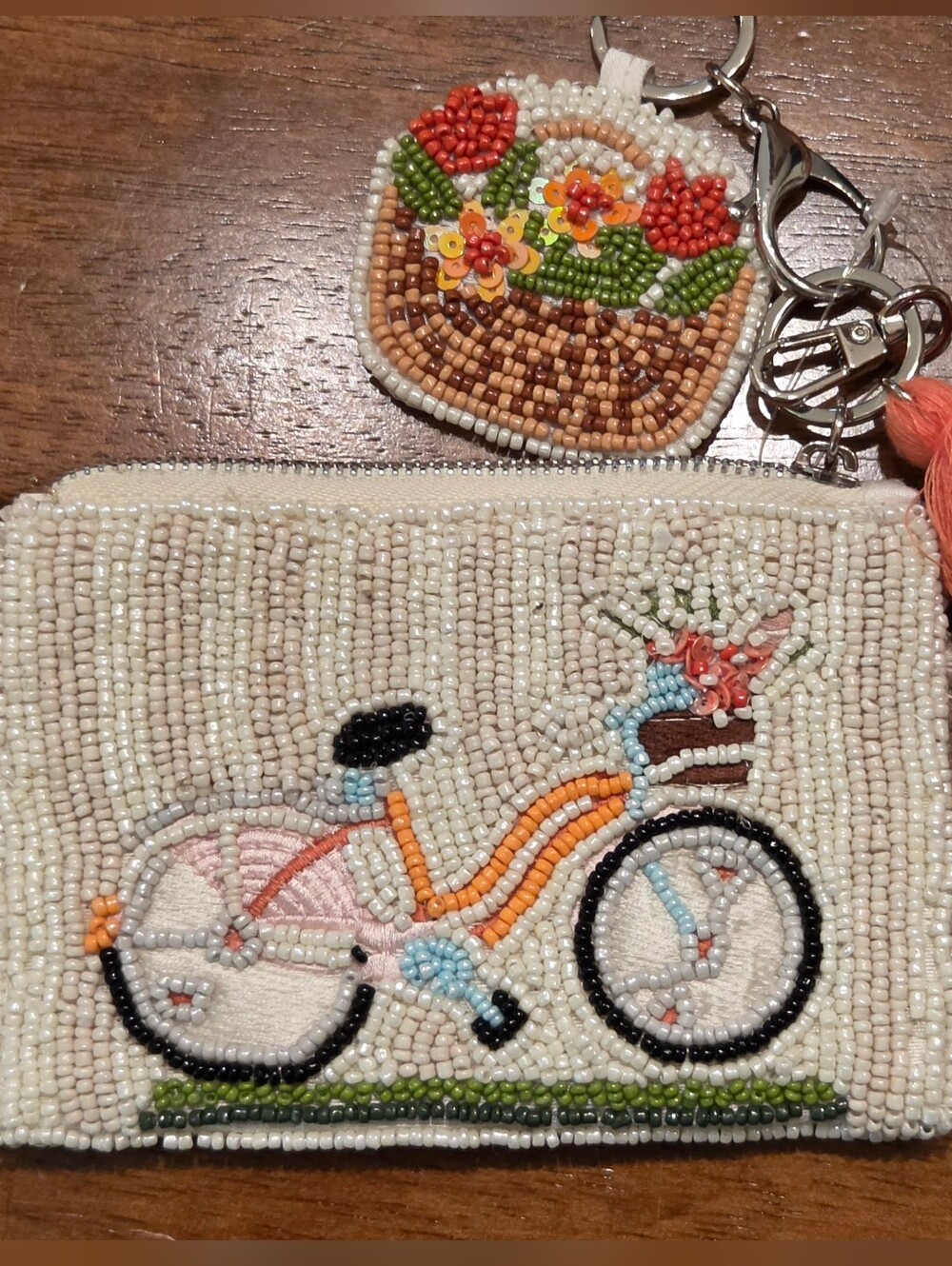 Beaded Bicycle Coin Purse with Tassel Keychain NWT